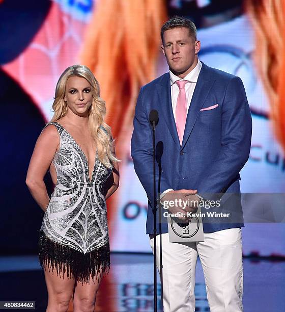 Recording artist Britney Spears and NFL player J. J. Watt speak onstage during The 2015 ESPYS at Microsoft Theater on July 15, 2015 in Los Angeles,...