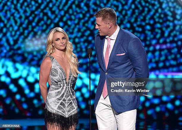 Recording artist Britney Spears and NFL player J. J. Watt speak onstage during The 2015 ESPYS at Microsoft Theater on July 15, 2015 in Los Angeles,...