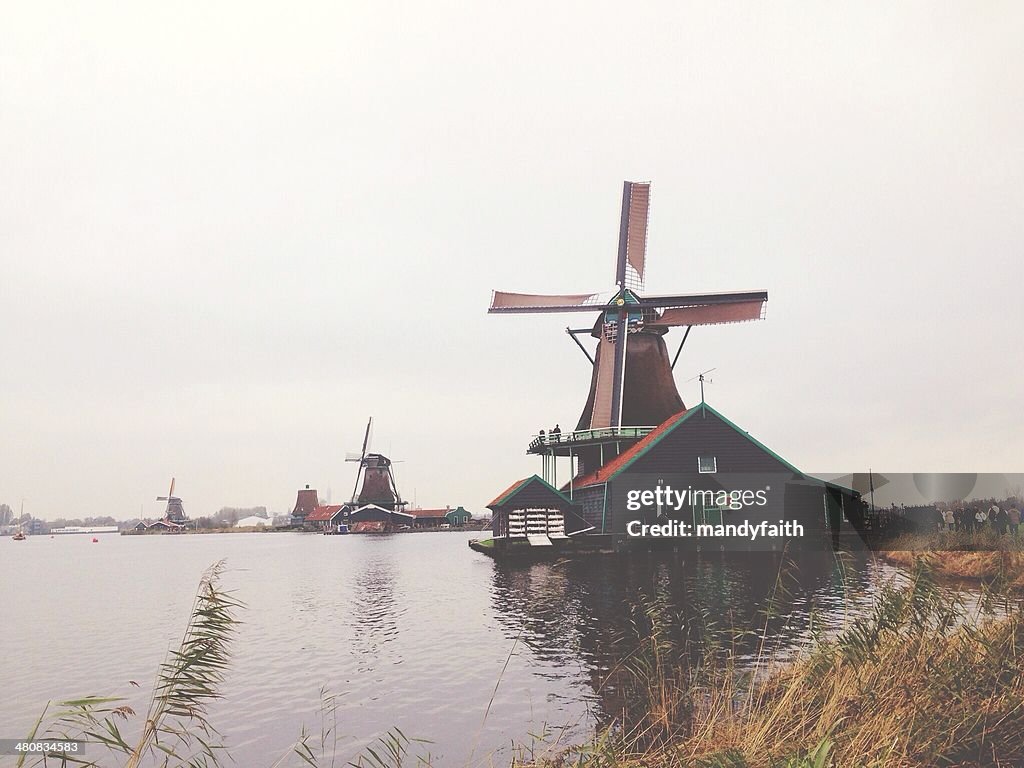 Windmills along the river, Netherlands