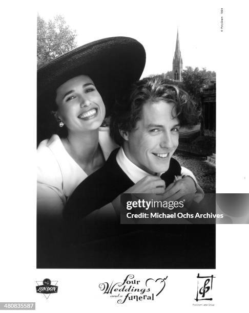 Actress Andie MacDowell and actor Hugh Grant pose for the movie "Four Weddings and a Funeral ", circa 1994.
