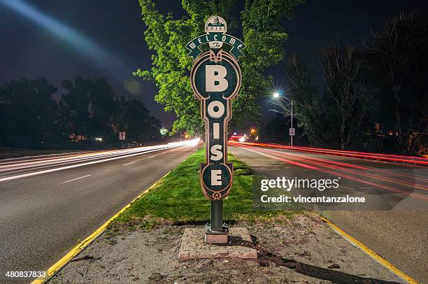 usa, idaho, welcome sign in boise - boise stock pictures, royalty-free photos & images