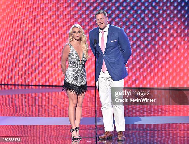 Recording artist Britney Spears and NFL player J. J. Watt speak onstage during The 2015 ESPYS at Microsoft Theater on July 15, 2015 in Los Angeles,...