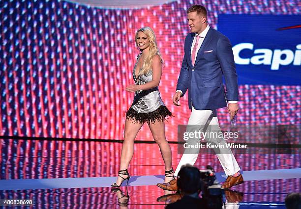 Recording artist Britney Spears and NFL player J. J. Watt speak onstage during The 2015 ESPYS at Microsoft Theater on July 15, 2015 in Los Angeles,...