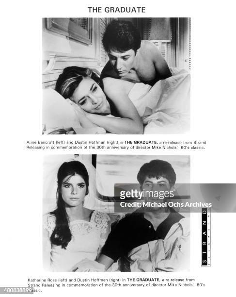 Actress Anne Bancroft and actor Dustin Hoffman on set actress Katharine Ross and actor Dustin Hoffman in a scene from the movie "The Graduate", circa...