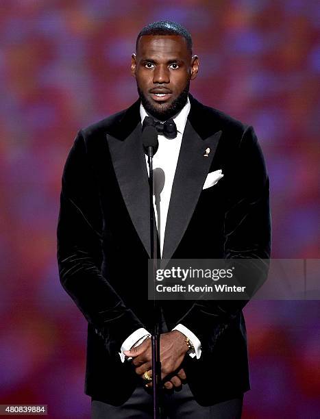 Player LeBron James speaks onstage during The 2015 ESPYS at Microsoft Theater on July 15, 2015 in Los Angeles, California.