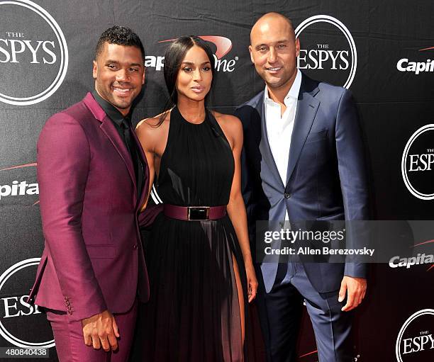 Player Russell Wilson, recording artist Ciara and New York Yankee Derek Jeter arrive at the 2015 ESPYS at Microsoft Theater on July 15, 2015 in Los...