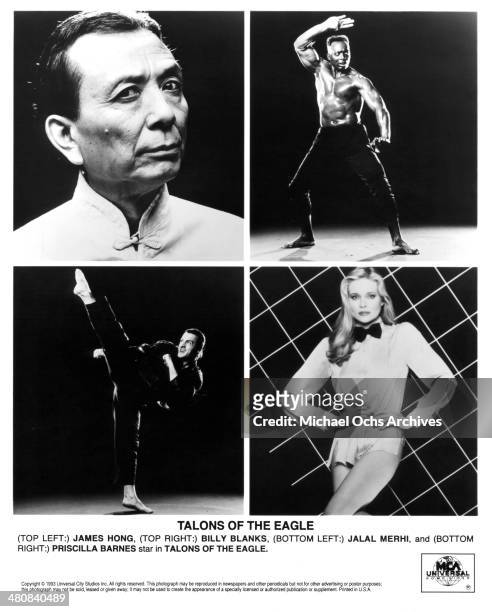 Actor James Hong and Billy Blanks pose. Actor Jalal Merhi and actress Priscilla Barnes pose for the movie "Talons of the Eagle" circa 1992.