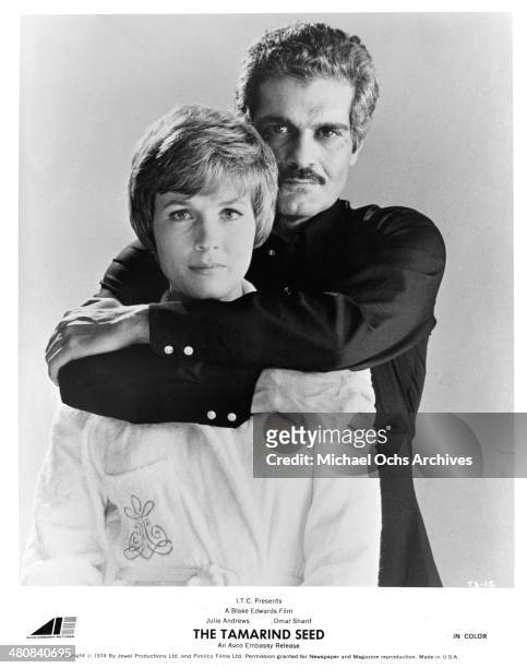 Actress Julie Andrews and actor Omar Sharif pose for the movie "The Tamarind Seed" circa 1974.