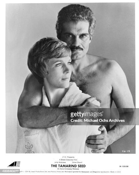 Actress Julie Andrews and actor Omar Sharif pose for the movie "The Tamarind Seed" circa 1974.