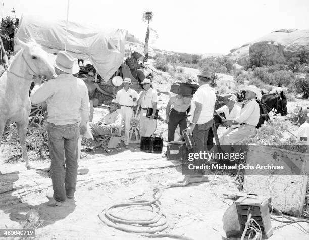 View behind the scenes in a scene from the 20th Century Fox movie "The Tall Men" circa 1955.