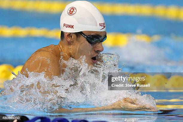 Richard Funk of Canada swims to a silver medal in the 200 metre breaststroke in the finals of the the second day of the swimming competition at the...