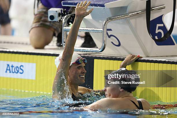 Hillary Caldwell waves to the crowd after winning the 200 metre backstroke final, she would go on to win gold in the finals of the the second day of...