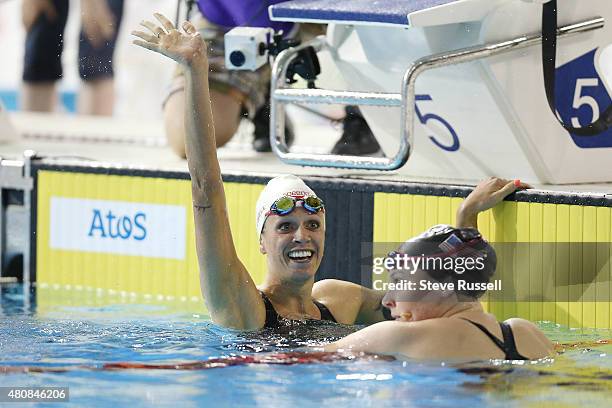 Hillary Caldwell waves to the crowd after winning the 200 metre backstroke final, she would go on to win gold in the finals of the the second day of...