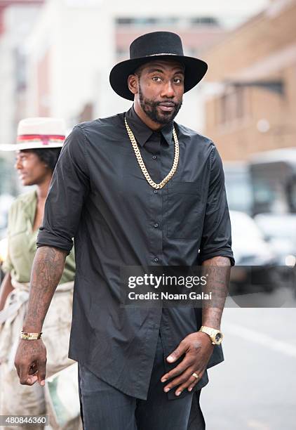 Basketball player Amar'e Stoudemire is seen during New York Fashion Week: Men's S/S 2016 outside Skylight Clarkson Sq on July 15, 2015 in New York...