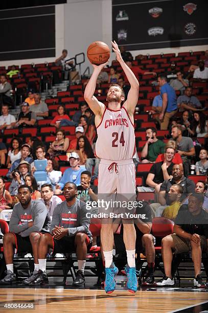 John Shurna of the Cleveland Cavaliers shoots the ball against the Chicago Bulls during the 2015 NBA Las Vegas Summer League game on July 15, 2015 at...