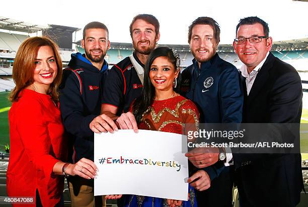 Chairperson of the Victorian Multicultural Commission Helen Kapalos, Jimmy Toumpas of the Demons, Jobe Watson of the Bombers, Dale Thomas of the...