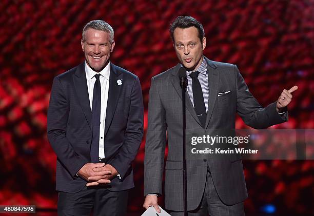 Former NFL player Brett Favre and actor Vince Vaughn speak onstage during The 2015 ESPYS at Microsoft Theater on July 15, 2015 in Los Angeles,...