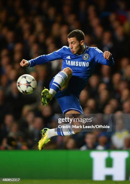 Eden Hazard of Chelsea leaps to control the ball during the UEFA Champions League Round of 16 2nd leg match between Chelsea and Galatasaray AS at...