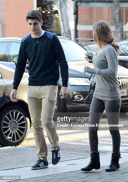 Real Madrid football player Alvaro Morata and his girlfriend Maria Pombo are seen on March 5, 2014 in Madrid, Spain.