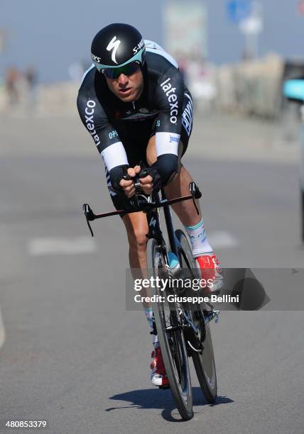 Alessandro Petacchi of Omega Pharma-Quick Step in action during stage seven of the 2014 Tirreno Adriatico, a 9.1 km individual time trial stage on...