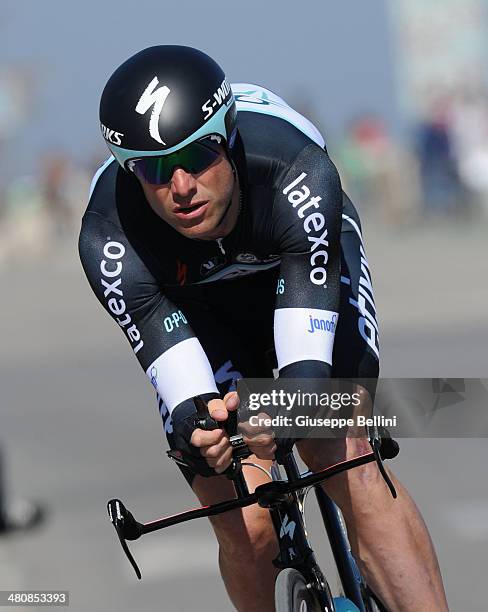 Alessandro Petacchi of Omega Pharma-Quick Step in action during stage seven of the 2014 Tirreno Adriatico, a 9.1 km individual time trial stage on...