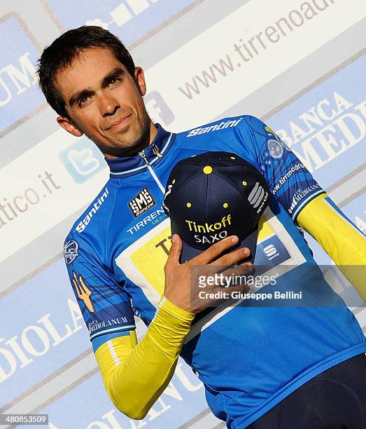 Alberto Contador of Tinkoff Saxo celebrates the victory of the 49 Tirreno Adriatico after stage seven of the 2014 Tirreno Adriatico, a 9.1 km...