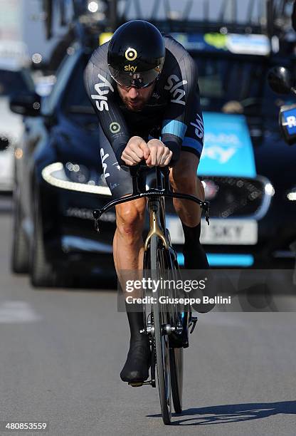 Bradley Wiggins of Team SKY in action during stage seven of the 2014 Tirreno Adriatico, a 9.1 km individual time trial stage on March 18, 2014 in San...