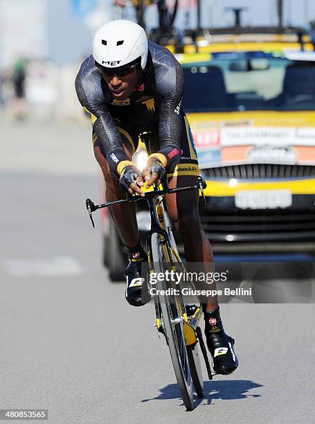 Daniel Teklehaimanot of MTN-Qhubeka in action during stage seven of the 2014 Tirreno Adriatico, a 9.1 km individual time trial stage on March 18,...