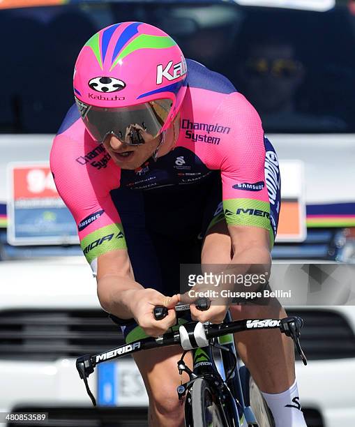 Sacha Modolo of Lampre Merida in action during stage seven of the 2014 Tirreno Adriatico, a 9.1 km individual time trial stage on March 18, 2014 in...