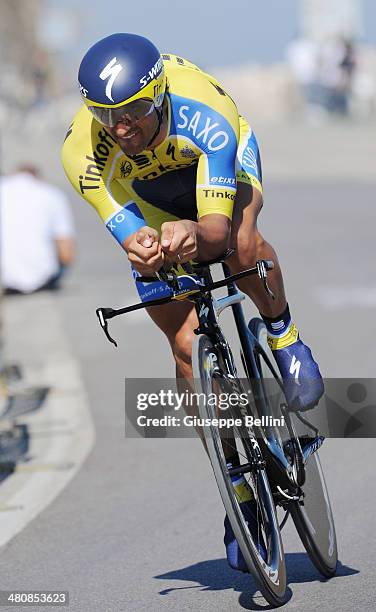 Daniele Bennati of Tinkoff Saxo in action during stage seven of the 2014 Tirreno Adriatico, a 9.1 km individual time trial stage on March 18, 2014 in...