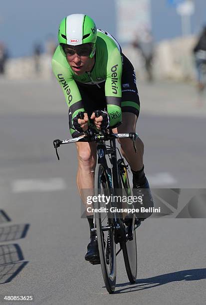 Bram Tankink of Belkin-Pro Cycling Team in action during stage seven of the 2014 Tirreno Adriatico, a 9.1 km individual time trial stage on March 18,...