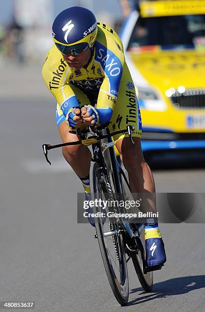 Sergio Moreira Paulinho of Tinkoff Saxo in action during stage seven of the 2014 Tirreno Adriatico, a 9.1 km individual time trial stage on March 18,...