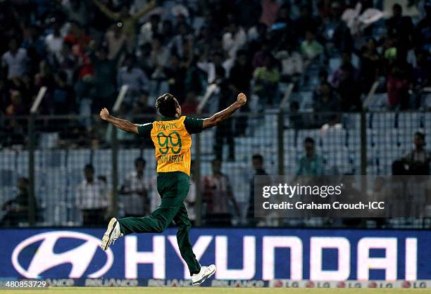 Imran Tahir of South Africa celebrates after bowling Tom Cooper of the Netherlands during South Africa v Netherlands match at the ICC World Twenty20...