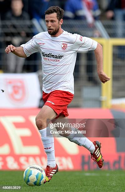 Andreas Guentner of Regensburg controles the ball during the Third League match between Jahn Regensburg and Preussen Muenster at Jahnstadion on March...