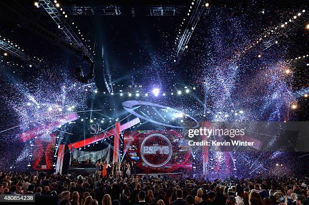 The U.S. Women's National Soccer team accepts the Best Team award onstage during The 2015 ESPYS at Microsoft Theater on July 15, 2015 in Los Angeles,...