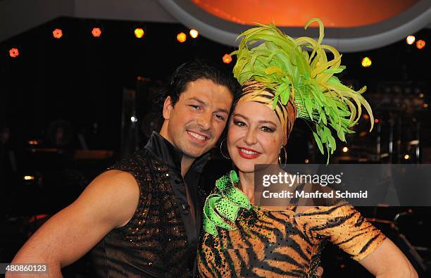 Thomas Kraml and Andrea Buday pose for a photograph during the 'Dancing Stars' TV Show after party at ORF Zentrum on March 21, 2014 in Vienna,...
