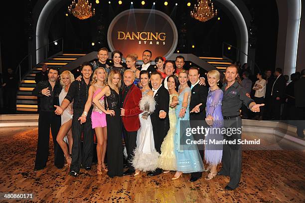 All participants pose for a photograph during the 'Dancing Stars' TV Show after party at ORF Zentrum on March 21, 2014 in Vienna, Austria.