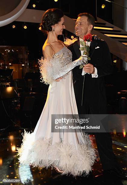 Lenka Pohoralek and Erik Schinegger pose for a photograph during the 'Dancing Stars' TV Show after party at ORF Zentrum on March 21, 2014 in Vienna,...