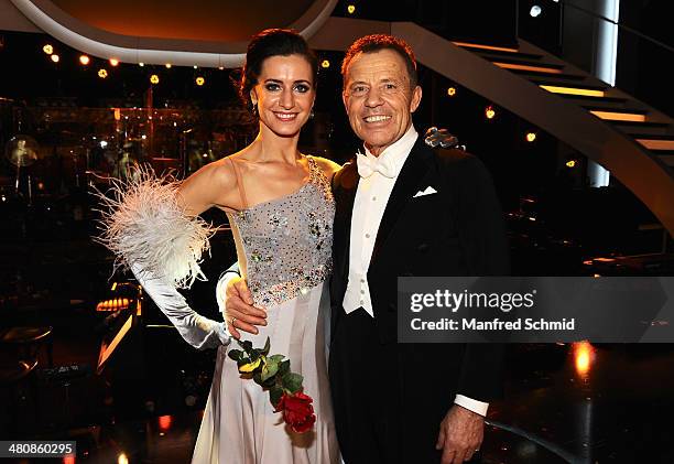 Lenka Pohoralek and Erik Schinegger pose for a photograph during the 'Dancing Stars' TV Show after party at ORF Zentrum on March 21, 2014 in Vienna,...