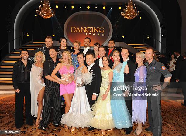 All participants pose for a photograph during the 'Dancing Stars' TV Show after party at ORF Zentrum on March 21, 2014 in Vienna, Austria.