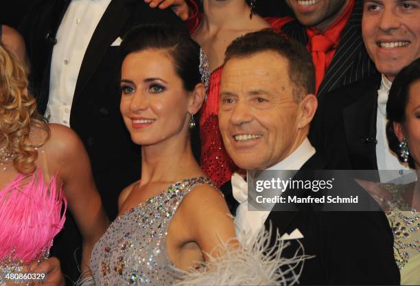 Lenka Pohoralek and Erik Schinegger pose for a photograph during the 'Dancing Stars' TV Show after party at ORF Zentrum on March 21, 2014 in Vienna,...