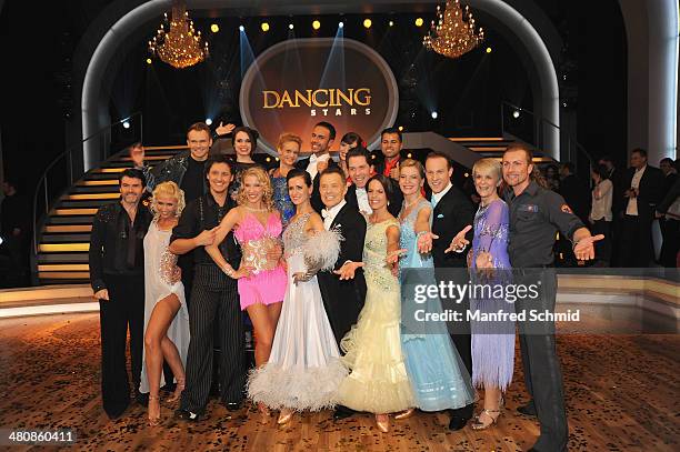 All participants pose for a photograph during the 'Dancing Stars' TV Show after party at ORF Zentrum on March 21, 2014 in Vienna, Austria.