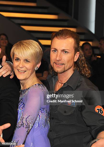 Lisbeth Bischoff and Gerhard Egger pose for a photograph during the 'Dancing Stars' TV Show after party at ORF Zentrum on March 21, 2014 in Vienna,...