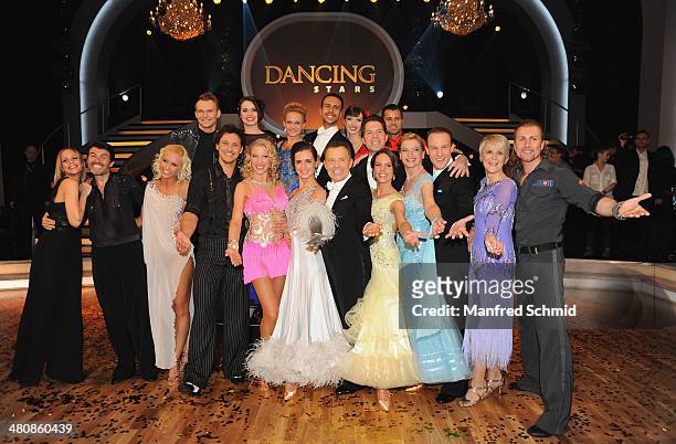 All participants pose for a photograph during the 'Dancing Stars' TV Show after party at ORF Zentrum on March 21, 2014 in Vienna, Austria.