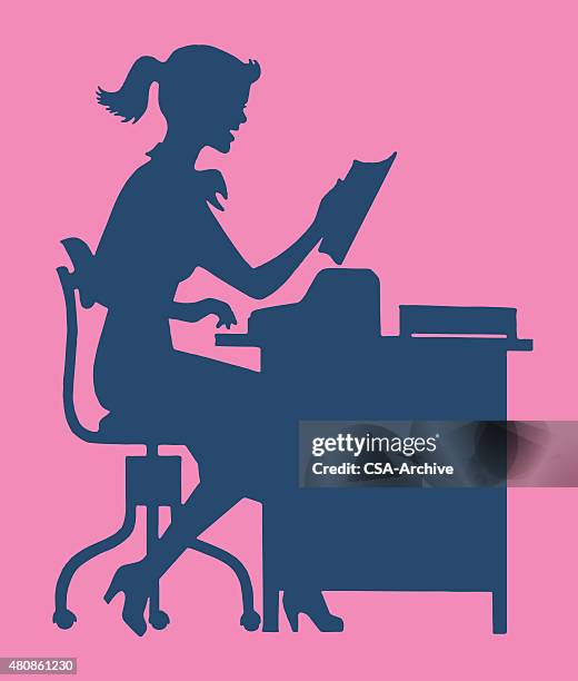 silhouette of woman at desk - file clerk stock illustrations