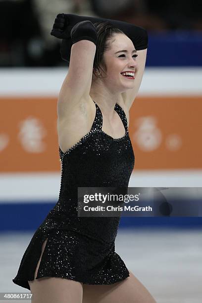 Kaetlyn Osmond of Canada reacts after finishing her routine in the Ladies Short Program during ISU World Figure Skating Championships at Saitama...