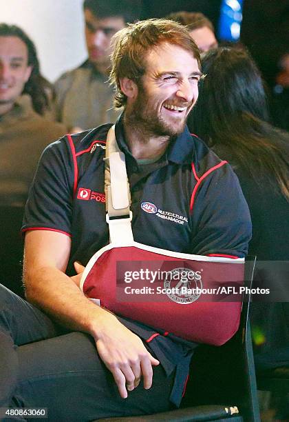 Jobe Watson of the Bombers looks on during the AFL Multicultural Round launch at the Melbourne Cricket Ground on July 16, 2015 in Melbourne,...