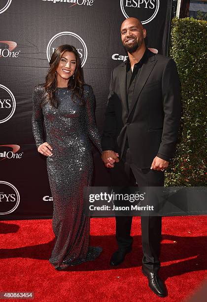 Women's Soccer player Hope Solo and NFL player Jerramy Stevens attend The 2015 ESPYS at Microsoft Theater on July 15, 2015 in Los Angeles, California.