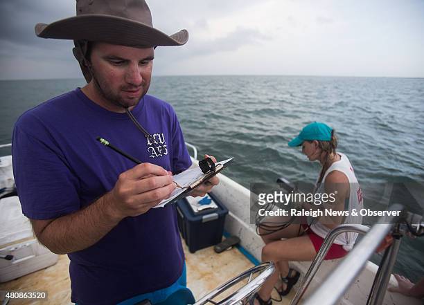 Chuck Bangley, a masters student at East Carolina University, records the water conditions that Madeline Heater reads out during a research trip off...