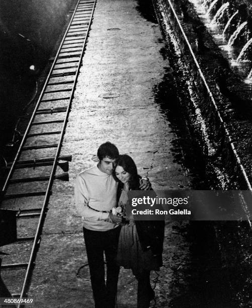 Ian McShane and Suzanne Pleshette sighted on location filming "If It's Tuesday, This Must Be Belgium" on September 3, 1968 at Villa d'Este in Tivoli,...